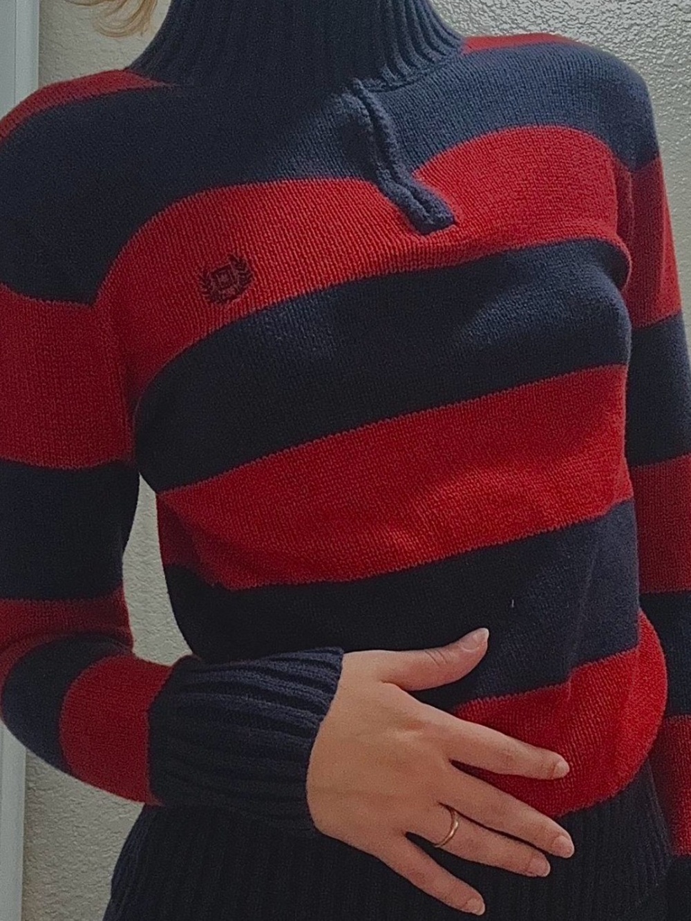 Chaps Red and Navy Striped Quarter Zip Sweater